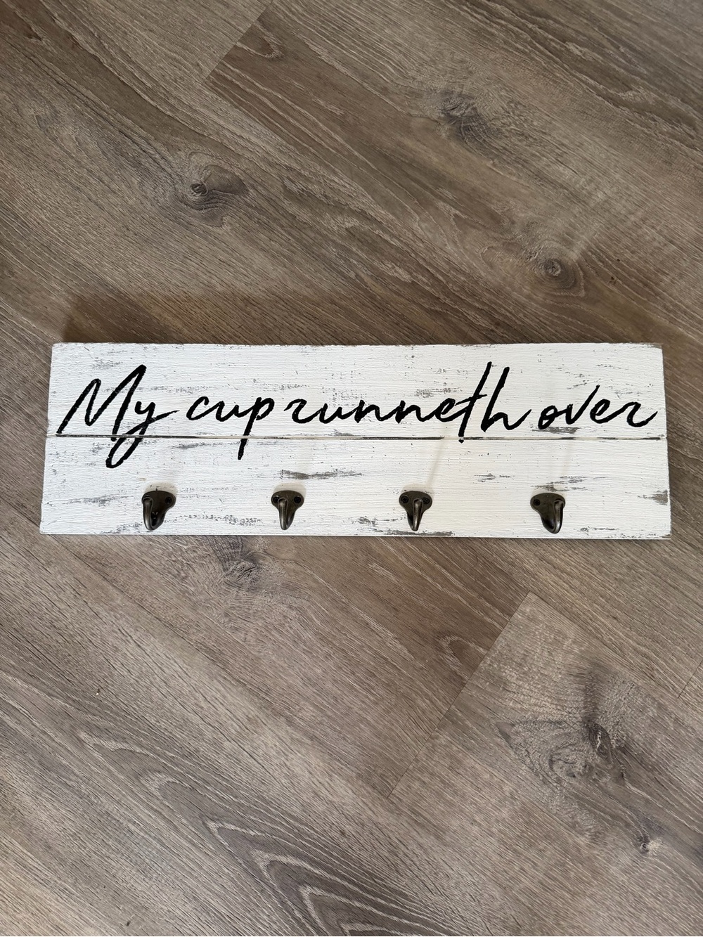 Hobby Lobby White Wood 'My cup runneth over' Hook Rack